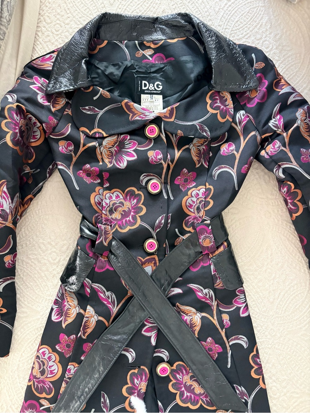 D&G Black Trench Coat with Pink and Gold Floral Print